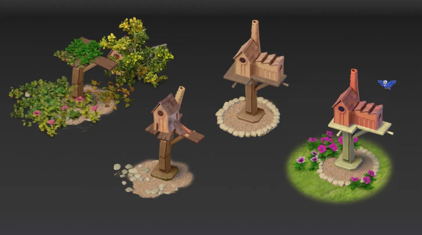 Merge mansion game art, bird houses