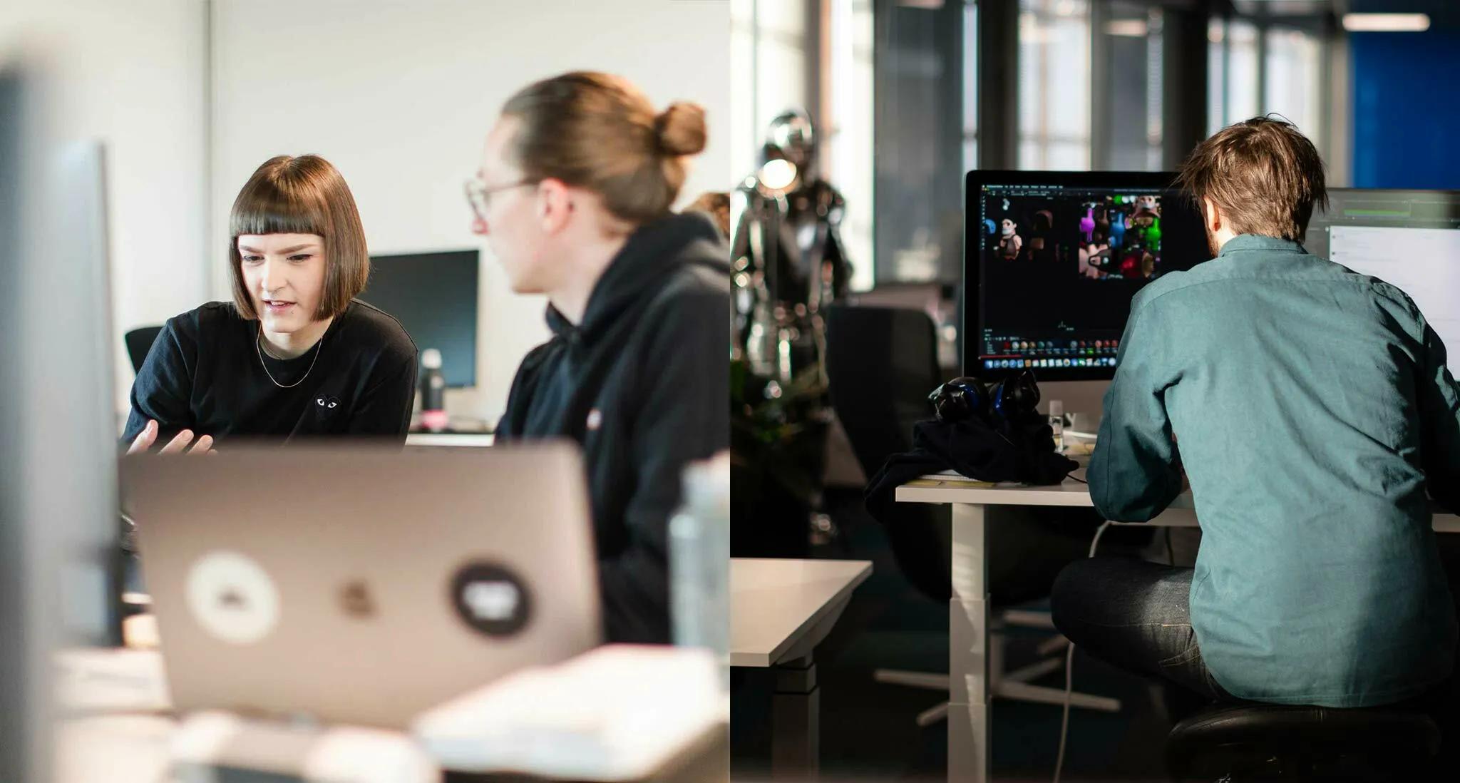 A split view of two colleagues working at their respective desks