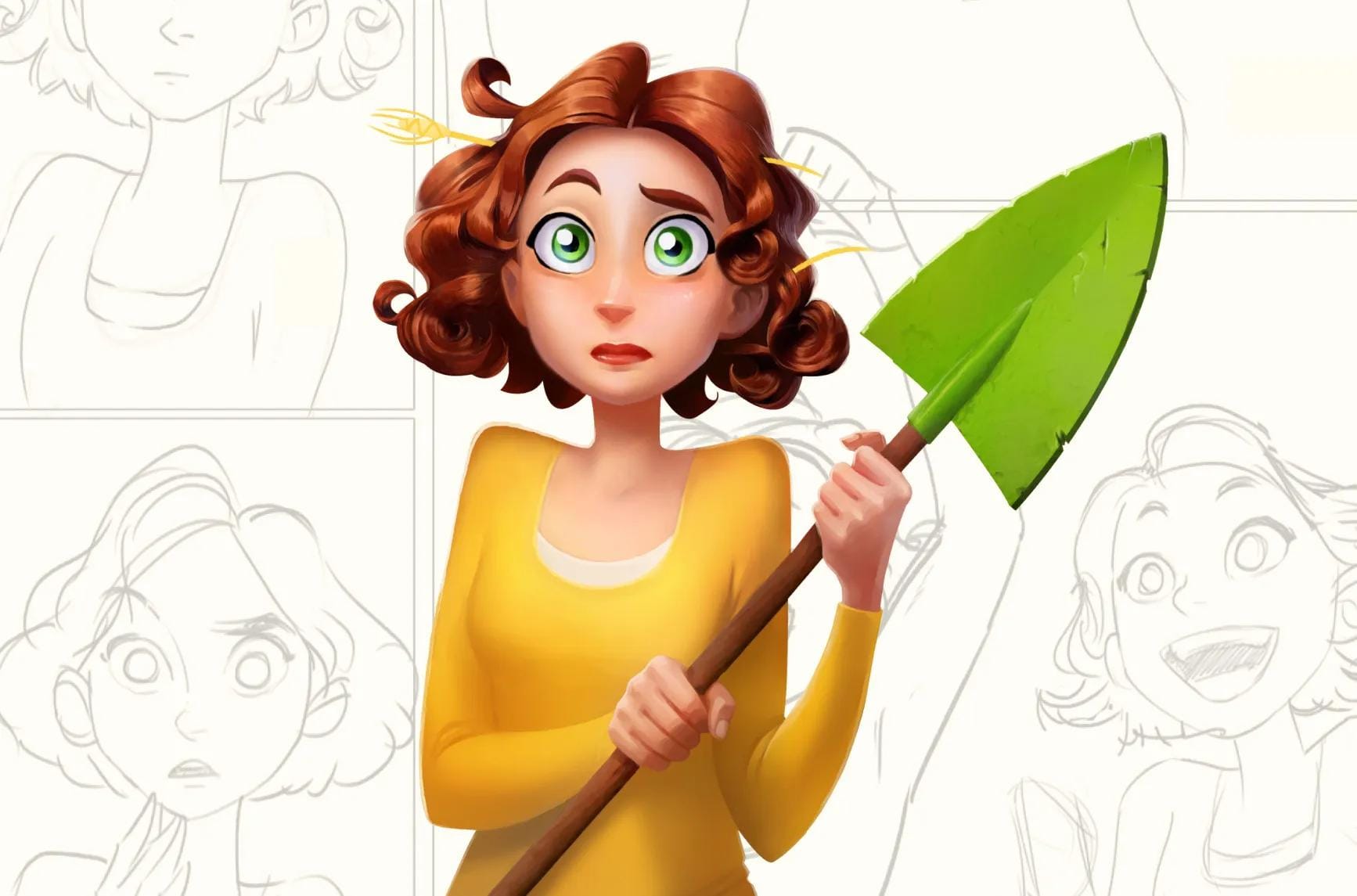 Maddie from Merge Mansion with a shovel and animation sketches
