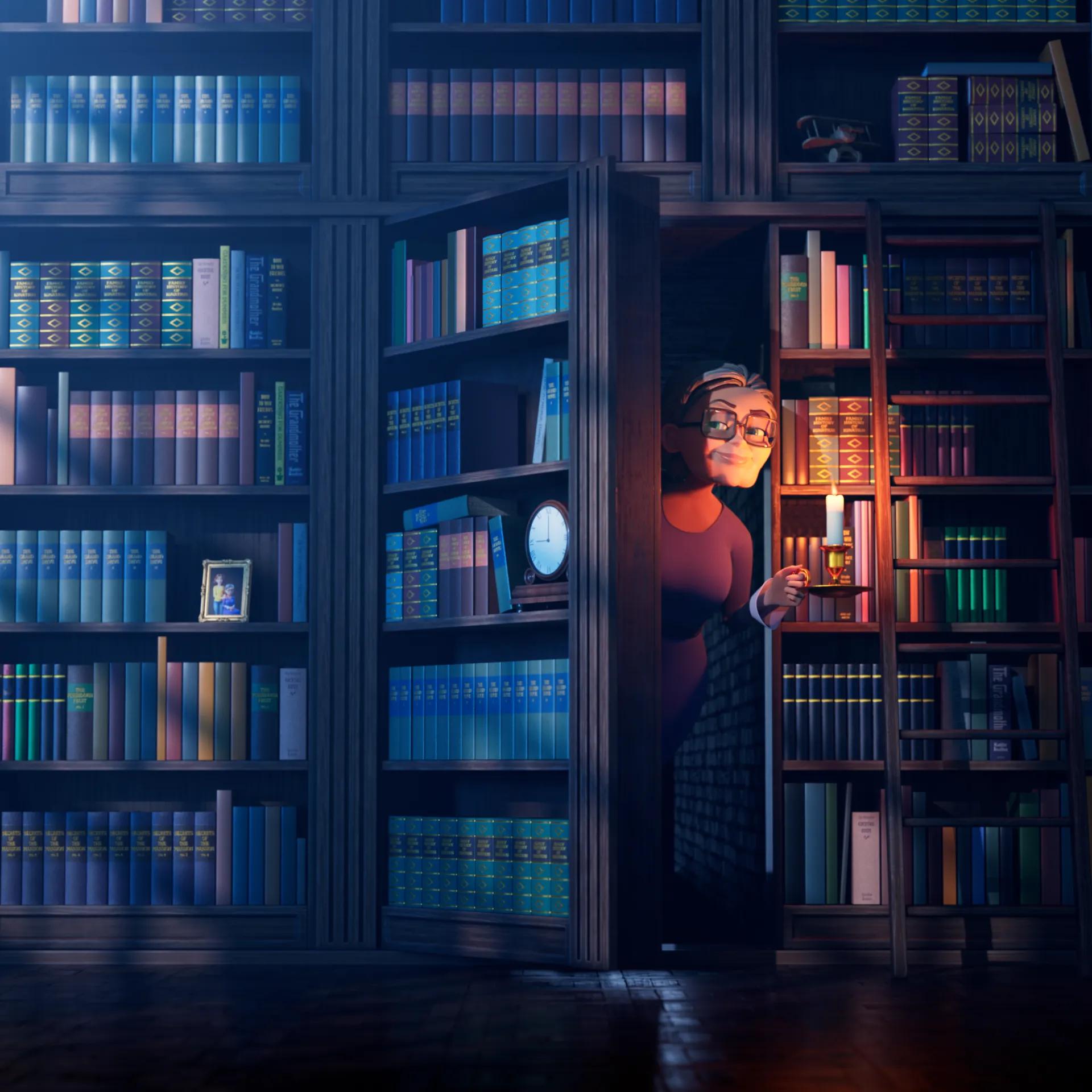 MM screenshot What Is Grandma Hiding G going into bookshelf door 2 2