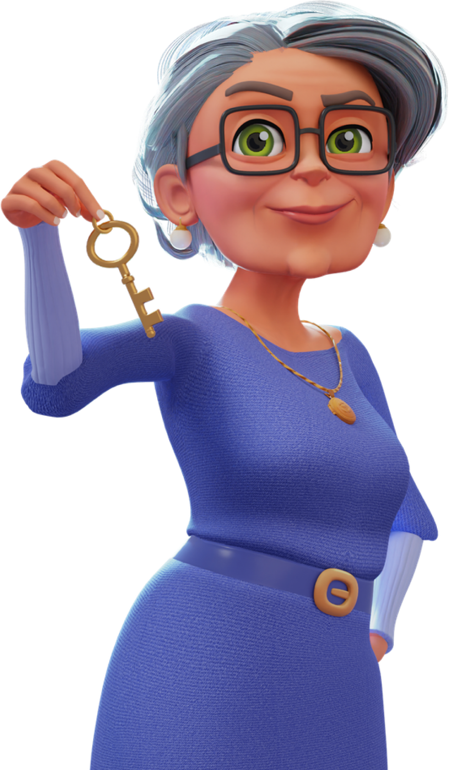 Grandma from Merge Mansion dangling a key
